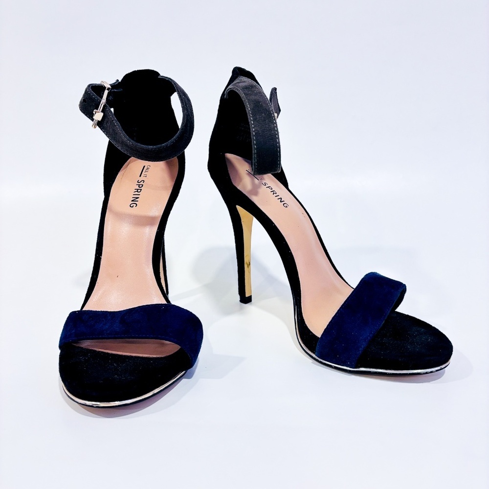 CALL IT SPRING – Black‎ & blue faux suede high heel sandals | Size 6.5 *